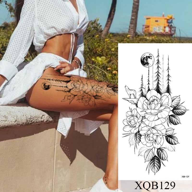 Tatuagem Temporária Impermeável Adesivo Renda Rosa Flores Leão Flash Tatuagens Lobo Raposa Arte Corporal Braço Manga Falsa Tatuagem Feminina