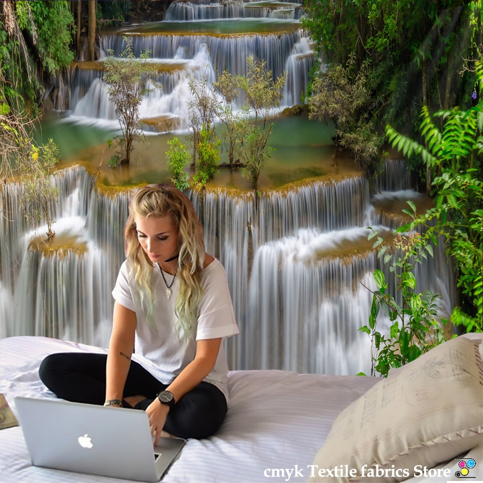 Toalha de Praia 3D Cachoeira Paisagem Bela Floresta Impressão Fluxo Tapete Tapete de Ioga Decoração de Casa Tapeçaria