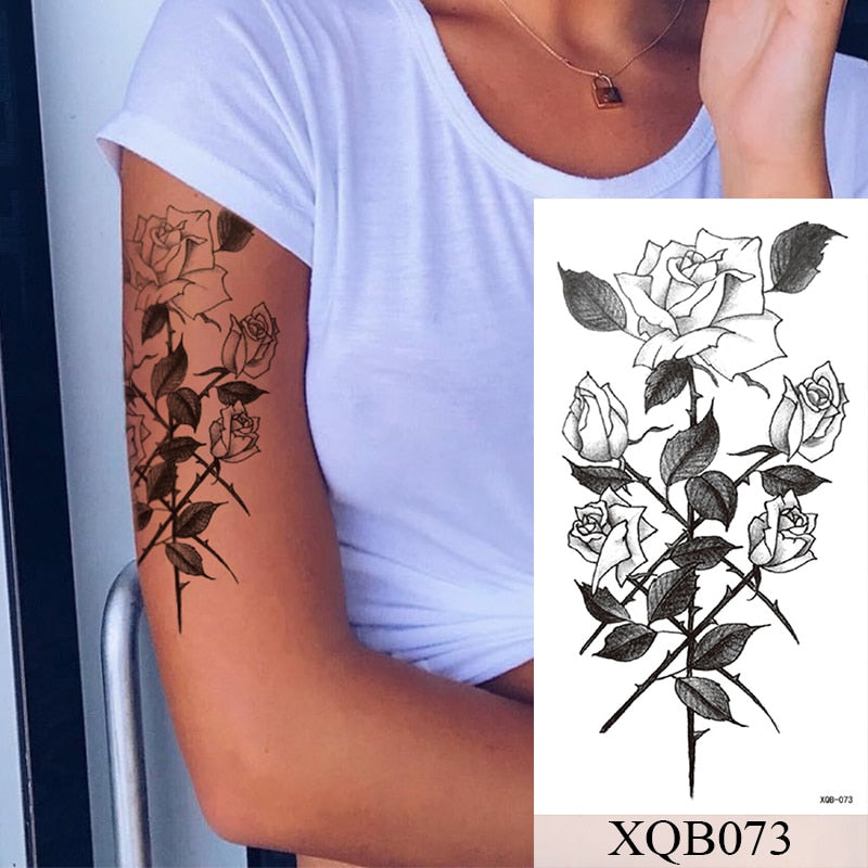 Tatuagem Temporária Impermeável Adesivo Renda Rosa Flores Leão Flash Tatuagens Lobo Raposa Arte Corporal Braço Manga Falsa Tatuagem Feminina