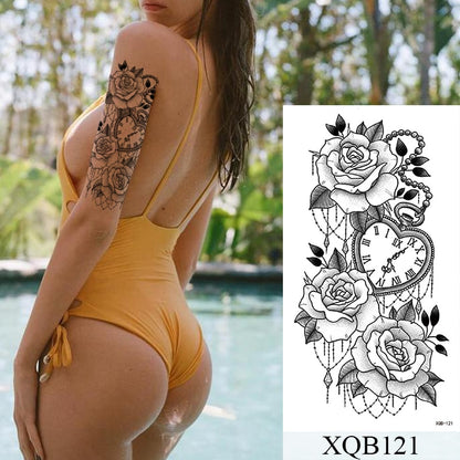 Tatuagem Temporária Impermeável Adesivo Renda Rosa Flores Leão Flash Tatuagens Lobo Raposa Arte Corporal Braço Manga Falsa Tatuagem Feminina