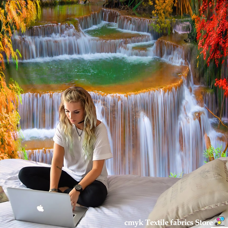 Toalha de Praia 3D Cachoeira Paisagem Bela Floresta Impressão Fluxo Tapete Tapete de Ioga Decoração de Casa Tapeçaria