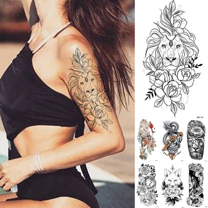 Tatuagem Temporária Impermeável Adesivo Renda Rosa Flores Leão Flash Tatuagens Lobo Raposa Arte Corporal Braço Manga Falsa Tatuagem Feminina