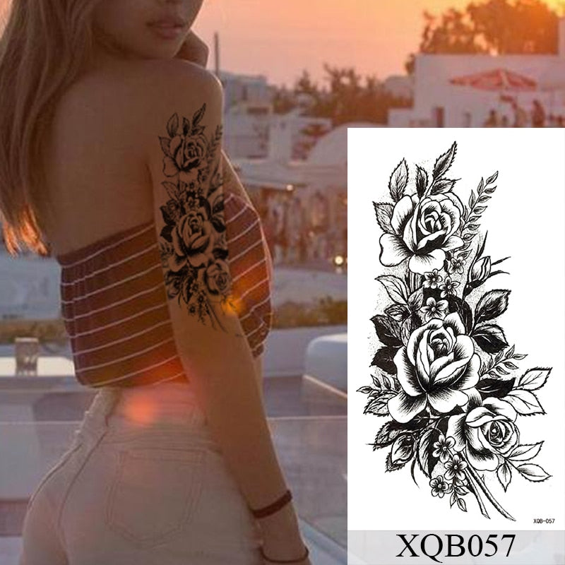 Tatuagem Temporária Impermeável Adesivo Renda Rosa Flores Leão Flash Tatuagens Lobo Raposa Arte Corporal Braço Manga Falsa Tatuagem Feminina