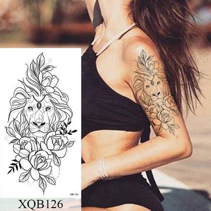 Tatuagem Temporária Impermeável Adesivo Renda Rosa Flores Leão Flash Tatuagens Lobo Raposa Arte Corporal Braço Manga Falsa Tatuagem Feminina