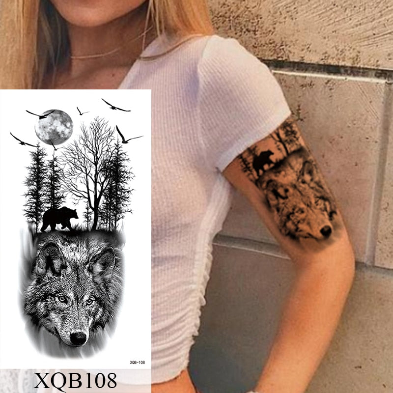 Tatuagem Temporária Impermeável Adesivo Renda Rosa Flores Leão Flash Tatuagens Lobo Raposa Arte Corporal Braço Manga Falsa Tatuagem Feminina